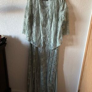 Catherine’s Lace Sleeveless Dress & Jacket Aqua Green w Gold Piping Size 18 W